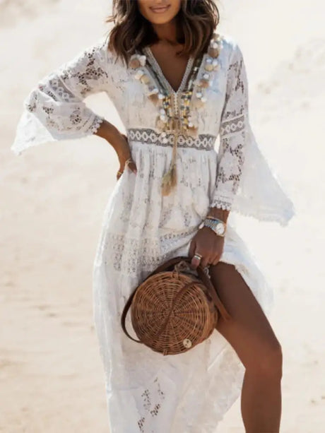 Boho Long Dress Women Summer Lace V Neck Flare Sleeve Sexy Maxi Dress Lady Holiday Party Beach Wedding Dresses Vestidos De Mujer - Lootquake