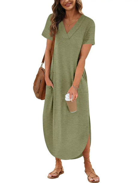 Summer New Women Elegant Solid Color Dress Short Sleeve V-Neck Cotton Linen Comfortable Loose Pocket Ladies Long Dress Vestidos - Lootquake