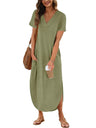 Summer New Women Elegant Solid Color Dress Short Sleeve V-Neck Cotton Linen Comfortable Loose Pocket Ladies Long Dress Vestidos - Lootquake