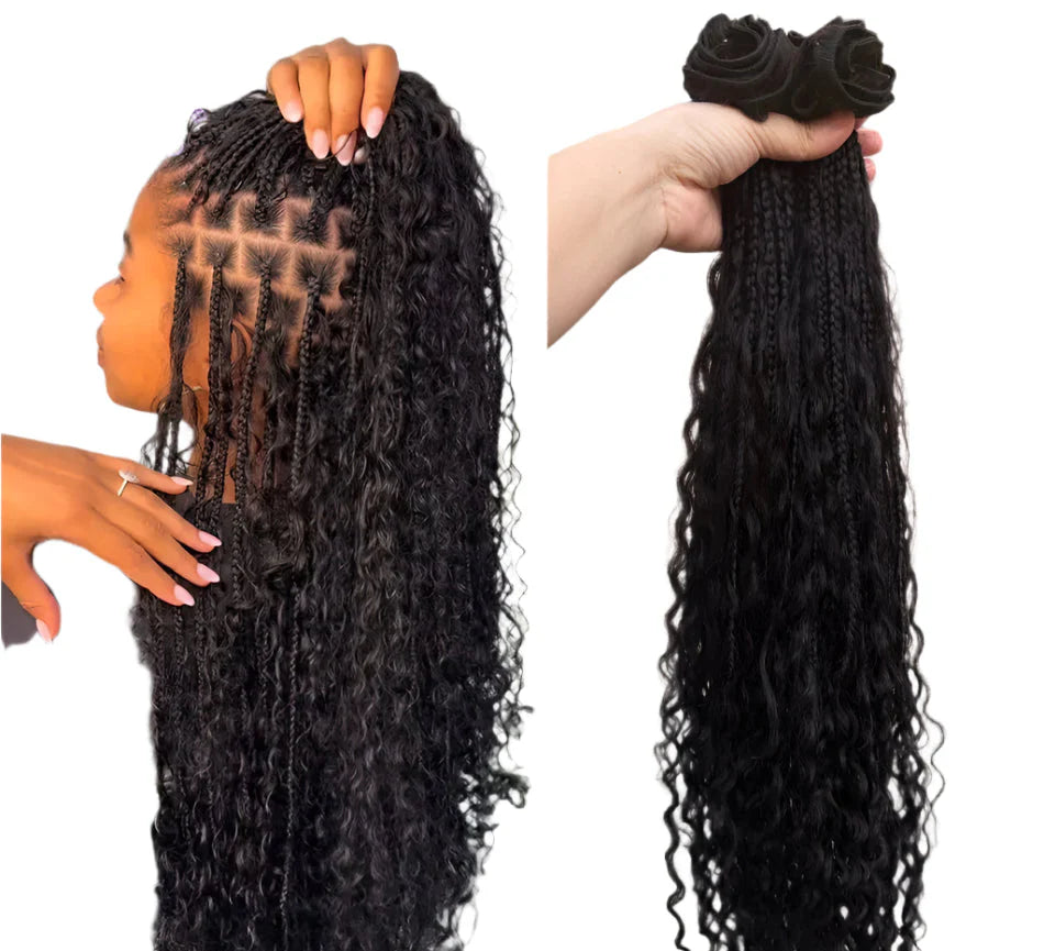 Boho Box Braids Crochet Human Hair Extensions | Curly Weave Bundles | Brazilian Hair | Natural Black | For Braiding & Styling