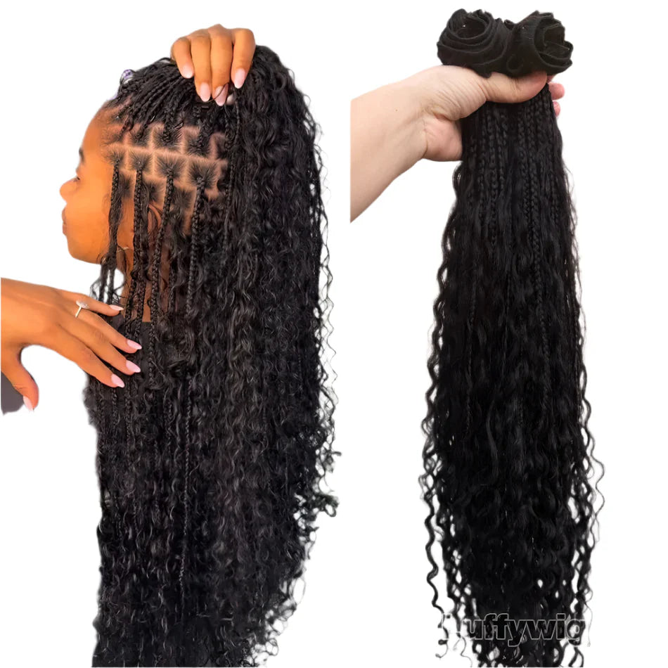 Boho Box Braids Crochet Human Hair Extensions | Curly Weave Bundles | Brazilian Hair | Natural Black | For Braiding & Styling