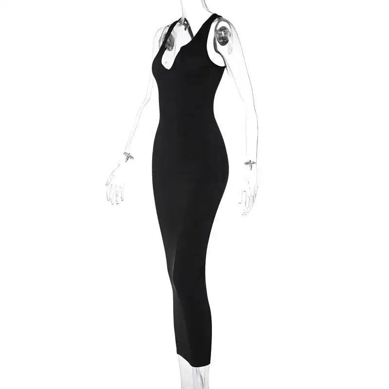 Sifreyr Ribbed V Neck Tank Long Dress Women Solid Sleeveless Bodycon Maxi Dress Sexy Streetwear Party Club Outfits Slim Sundress - Lootquake