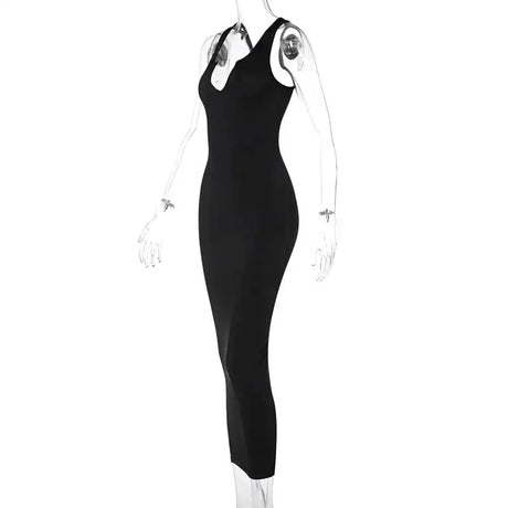 Sifreyr Ribbed V Neck Tank Long Dress Women Solid Sleeveless Bodycon Maxi Dress Sexy Streetwear Party Club Outfits Slim Sundress - Lootquake