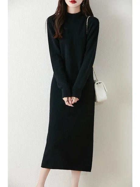 Autumn Winter Women's Wool Long Dress Cashmere Mock Neck Pullover Sweater 100% Merino Wool Soft Knitwear OL Simple Basic Dress - Lootquake