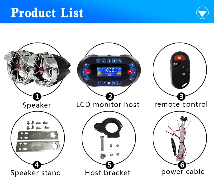Altavoz Bluetooth para motocicleta con amplificador de salida de 2,1 A, reproductor de música MP3, sirena de alarma antirrobo, altavoz estéreo USB, radio FM MT730