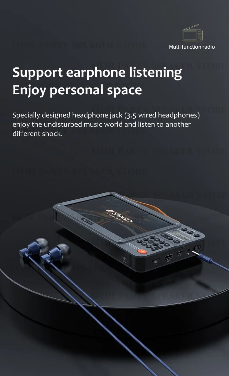 Enceintes Bluetooth sans fil SANSUI, radio pleine bande, lecteur vidéo LED HD, baladeur MP4 portable, batterie rechargeable intégrée