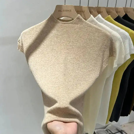 Half High Collar T-shirts Flying Sleeve Design Slim Knitted Sleeveless Top Women Simple Comfortable White T-shirts Summer 2025 - Lootquake