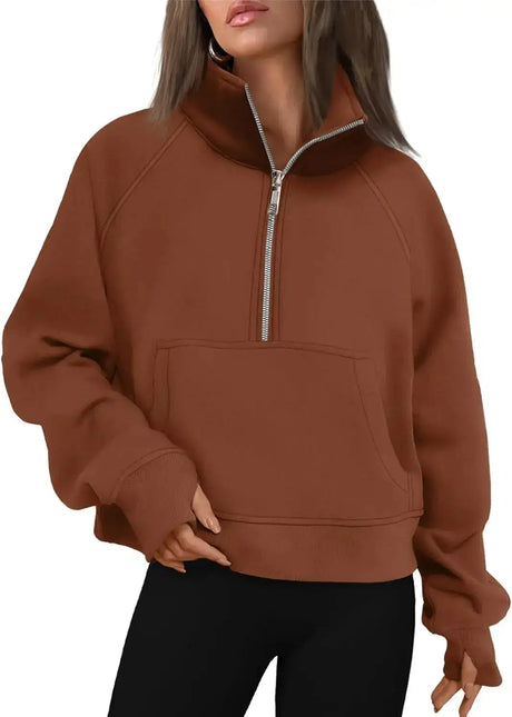 Womens Sweatshirts Half Zip Cropped Pullover Fleece Quarter Zipper Hoodies Fall outfits Clothes Thumb Hole - Lootquake