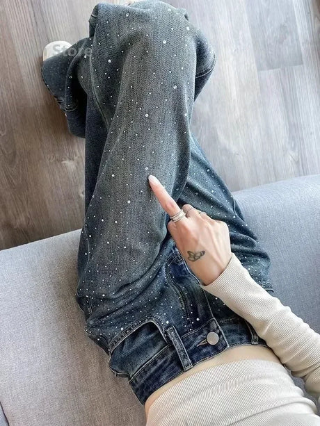 2024 New Spring Summer All-match Casual Harem Pants High Waist Stretch Slim Denim Pants Hot Drilling Casual Ankle-length Jeans - Lootquake
