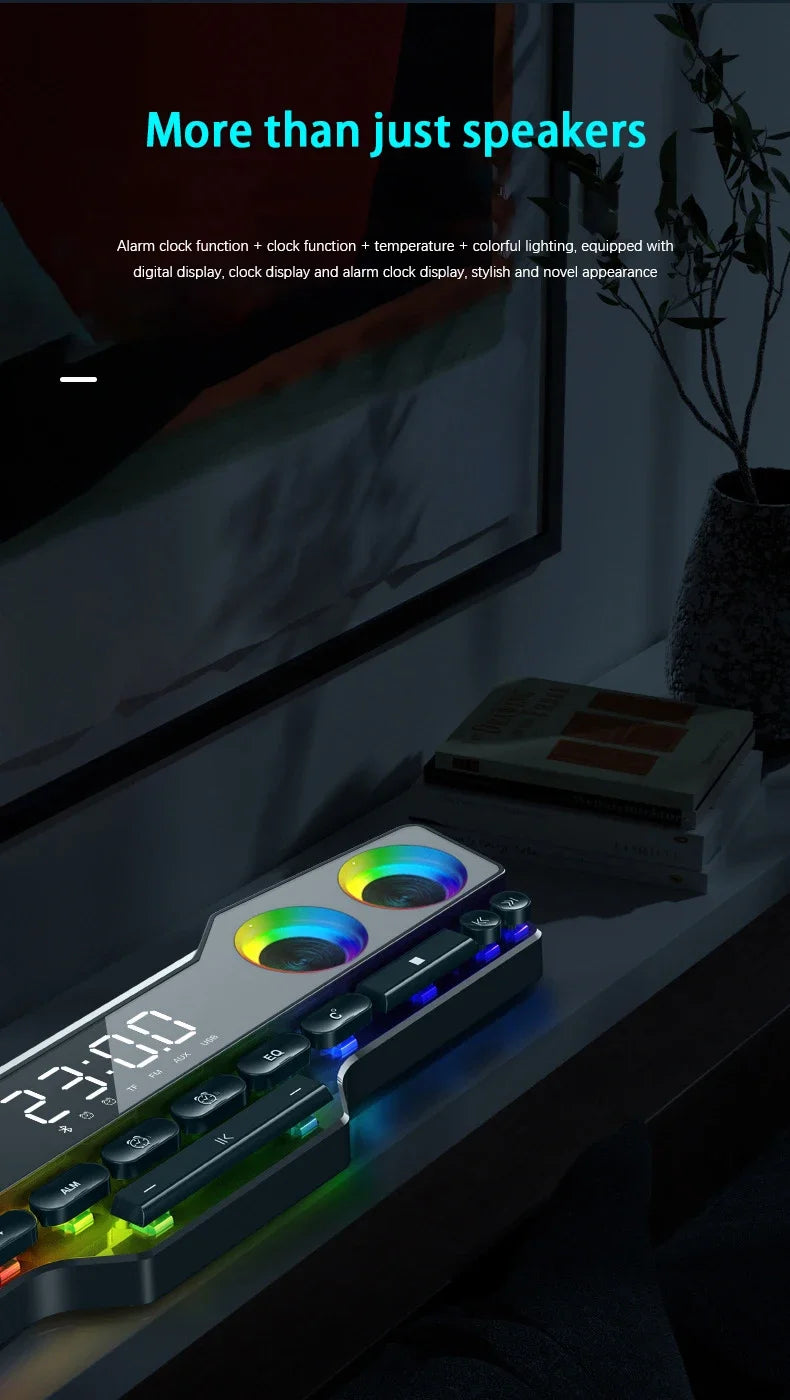 Barre de son sans fil Bluetooth pour jeux vidéo, USB, stéréo 3D, caisson de basses, FM, horloge, barre de son intérieure, haut-parleur pour ordinateur, offre spéciale
