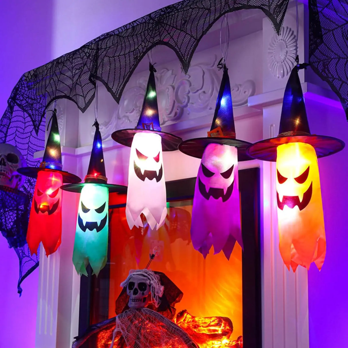 Halloween Decorations Outdoor 5 PCS Hanging Halloween Lighted Glowing Ghost Witch Hat with LED String Lights for Party Garden
