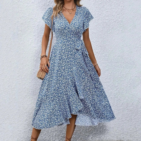 Women's Flowy Split Midi Floral Wrap Dress Summer Irregular High Waist Boho Long Dress A-Line V-Neck Holiday Beach Sundress - Lootquake