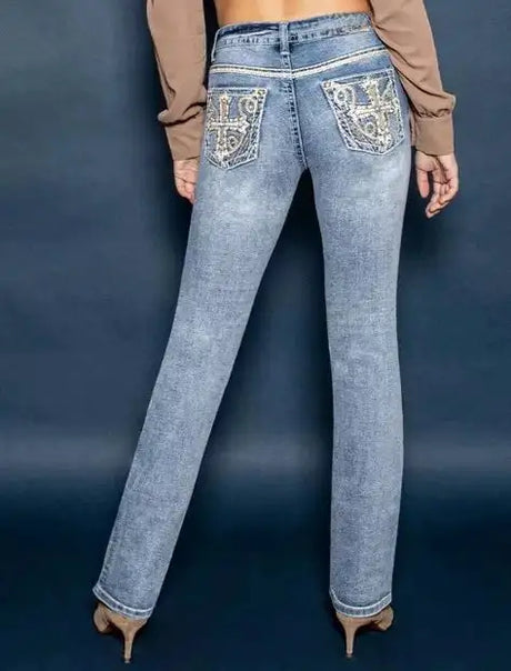 Y2K Retro Blue Slim Jeans Harajuku Hip Hop Rhinestone Cross Graphic Embroidered Jeans Gothic Low Waist Trousers Womens Clothing - Lootquake
