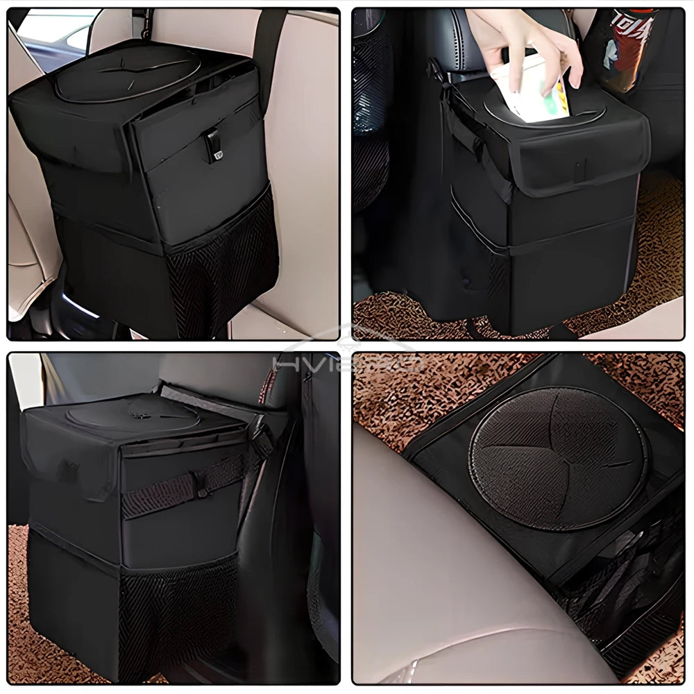 Cubo de basura con tapa y bolsillos de almacenamiento, 100 % a prueba de fugas, organizador impermeable, multiusos, color negro, para coche.