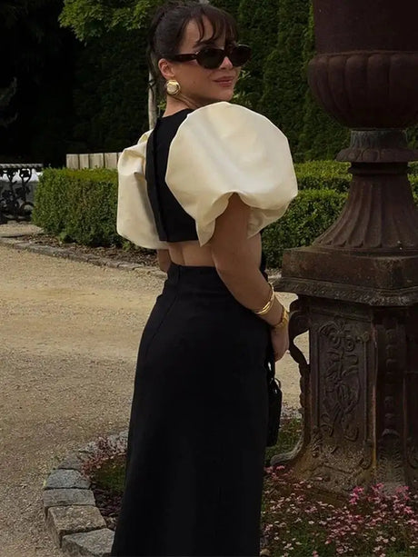Elegant Puff Sleeve Long Dress For Women 2025 Sexy Hollow Out Waist Evening Party Dresses Female Vacation Lady Chic Beach Robe - Lootquake