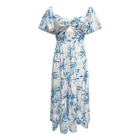 Summer V Neck Cutout Floral Print Dresses Elegant Women Puff Short Sleeve Casual Dress Pleated Waisted Swing Beach Long Dress - Lootquake
