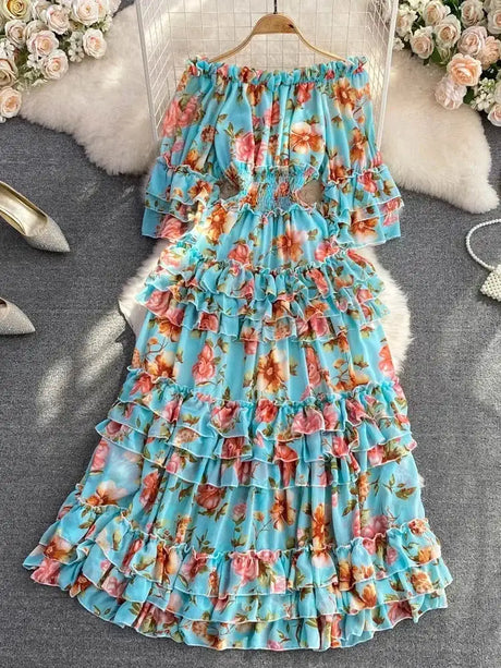 Summer New Off Shoulder  Wrap Waist to Show Thin A-line Fragmented Cake Dress Women's Beach Vacation Chiffon Long Dress GD820 - Lootquake