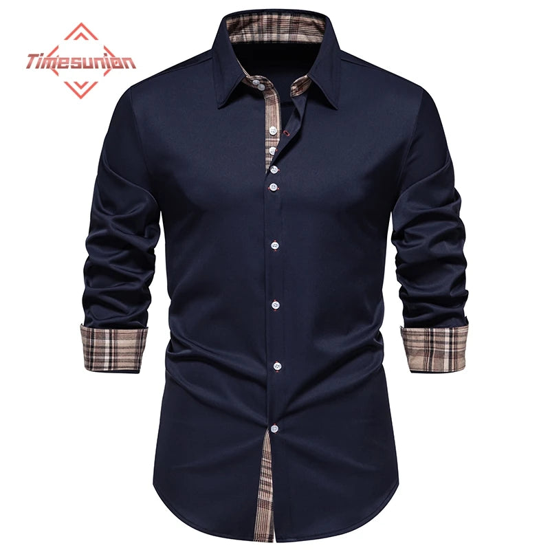 Plaid Color Block Navy Shirt Men 2024 Spring New Slim Fit Long Sleeve Mens Dress Shirts Party Casual Male Social Shirt - Lootquake