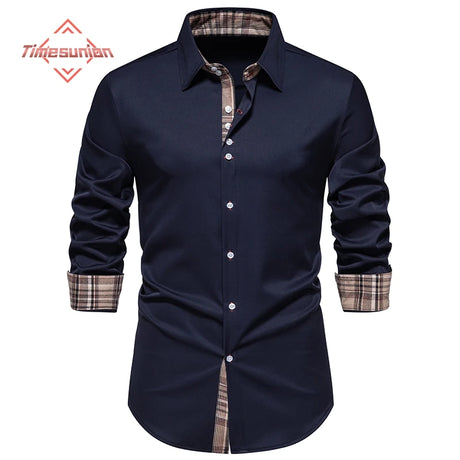 Plaid Color Block Navy Shirt Men 2024 Spring New Slim Fit Long Sleeve Mens Dress Shirts Party Casual Male Social Shirt - Lootquake