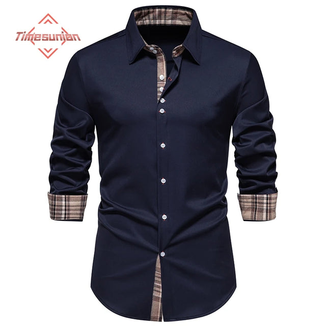 Plaid Color Block Navy Shirt Men 2024 Spring New Slim Fit Long Sleeve Mens Dress Shirts Party Casual Male Social Shirt - Lootquake