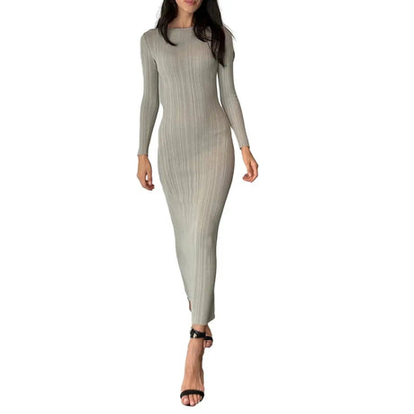 Autumn Winter Solid Color Bodycon Knit Dress Women Long Sleeve Crew Neck Ribbed Dress Slim Fit Long Dress - Lootquake