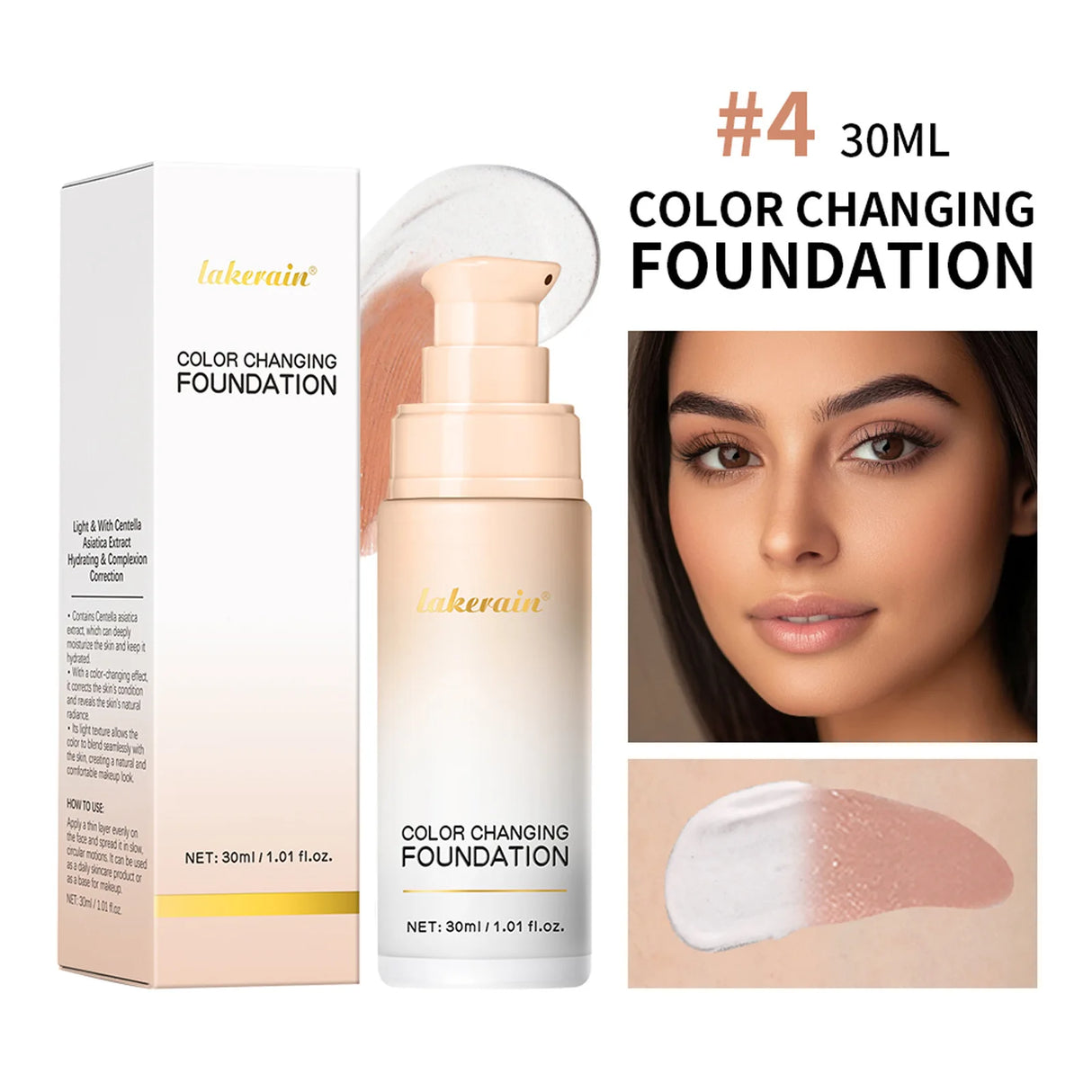 Base de maquillaje Lakerain que cambia de color CC Cream, base de maquillaje facial resistente al agua, base líquida, corrector impecable de larga duración.
