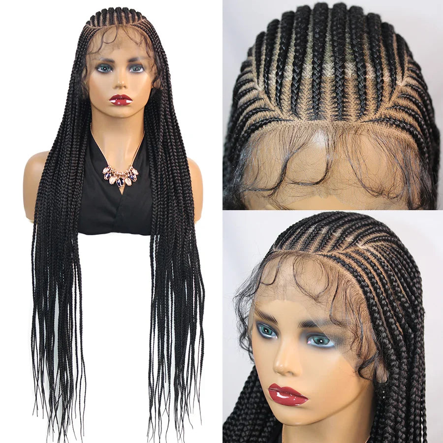 36" Boho Knotless Box Braids Wig | Full Lace | Cornrows & Curly Ends | Synthetic Braided Wig