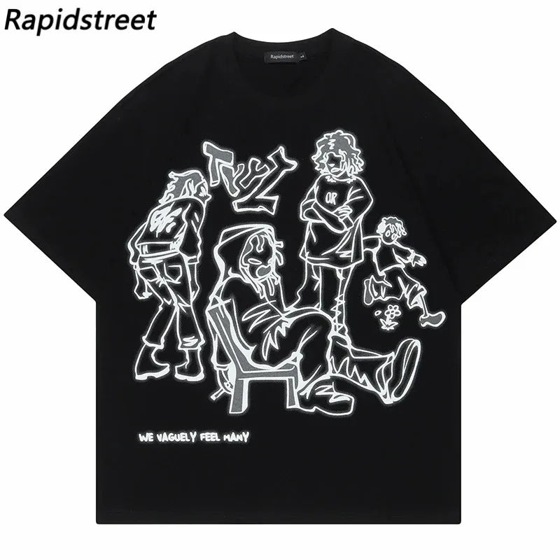 2024 Harajuku Cartoon Girl Cat Japanese Kanji Graphic T Shirt Streetwear Oversized Men T-Shirt Hip Hop Women Short Sleeve Tops - Lootquake
