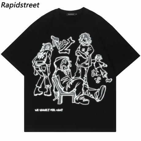 2024 Harajuku Cartoon Girl Cat Japanese Kanji Graphic T Shirt Streetwear Oversized Men T-Shirt Hip Hop Women Short Sleeve Tops - Lootquake