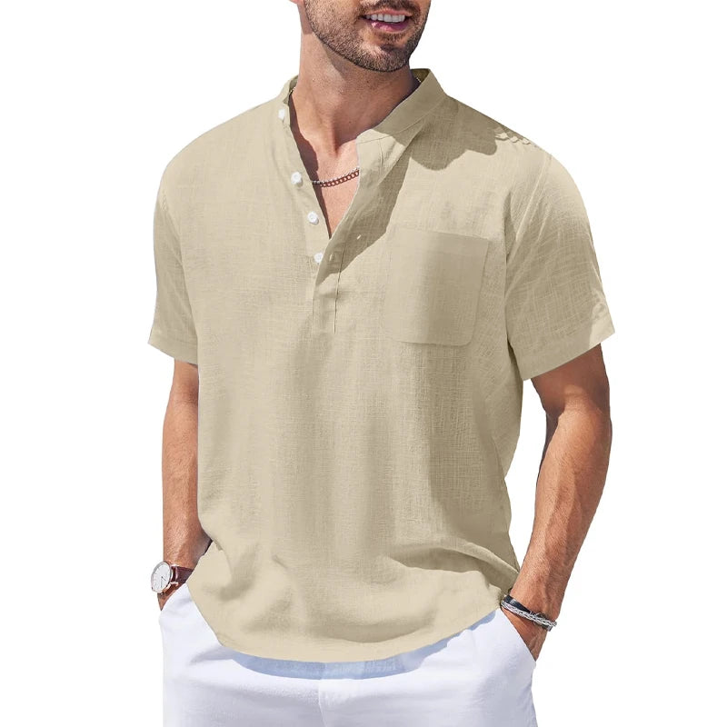 New Mens Henley Short Sleeve Casual Shirt Summer Cotton Shirts Beach Shirts Banded Collar Tshirts lightweight Shirts with Pocket - Lootquake