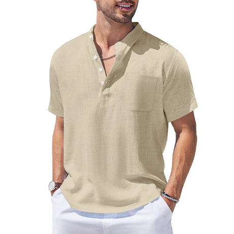 New Mens Henley Short Sleeve Casual Shirt Summer Cotton Shirts Beach Shirts Banded Collar Tshirts lightweight Shirts with Pocket - Lootquake