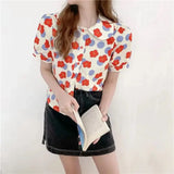 Women Summer Korean Casual Printing Chiffon Loose Polo-Neck Short Sleeve Blouse Women Clothes Sweet All-match Floral Top Tee - Lootquake