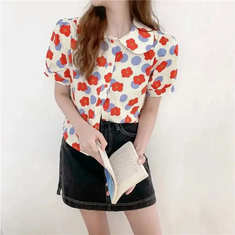 Women Summer Korean Casual Printing Chiffon Loose Polo-Neck Short Sleeve Blouse Women Clothes Sweet All-match Floral Top Tee - Lootquake