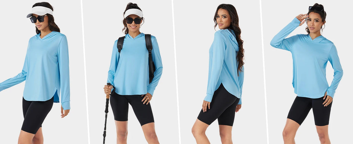 TACVASEN UPF 80+ Quick Dry Hooded T-Shirts Womens Summer Long Sleeve Sun UV Protection Tees Breathable Thumb Holes Pullover Tops - Lootquake