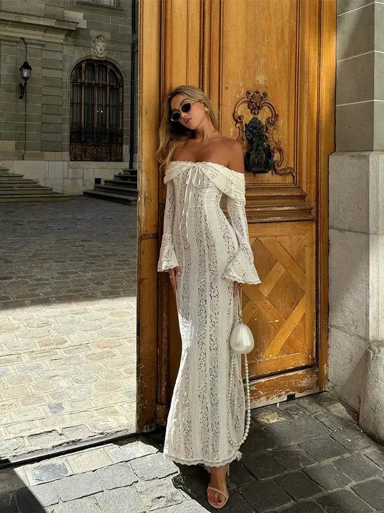 Lace Hollow Out One-shoulder Slim Long Dress For Women Solid Lace Up Waistless Dresses 2024 Chic Sexy Female Party Date Robes - Lootquake
