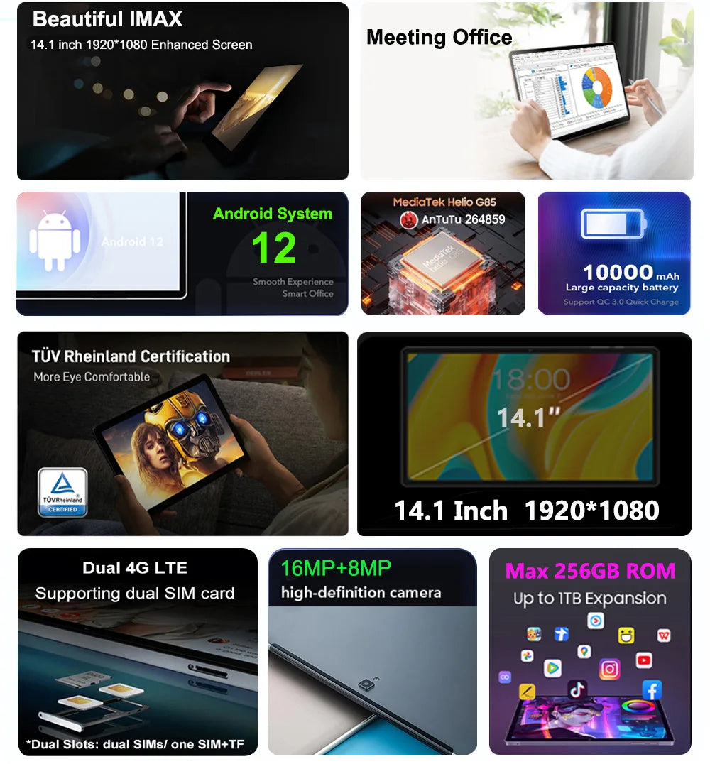 Tablette 14,1 pouces, version mondiale, non ouverte, Android 2025, 12 Go + 256 Go, 1920 x 1080, appels 4G, Wi-Fi 5G, 10 000 mAh