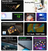 Tablette 14,1 pouces, version mondiale, non ouverte, Android 2025, 12 Go + 256 Go, 1920 x 1080, appels 4G, Wi-Fi 5G, 10 000 mAh