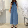 Women's Sleeveless Denim Long Dress Fashionable Round Neck Sleeveless Pocket Denim Skirt Loose Vest Denim Long Dress - Lootquake