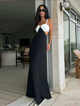 Fashion Black White Patchwork Long Dress Women Sexy Hollow Waist Slim Fits Party Robes Causal Vocation High Street Vestidos - Lootquake