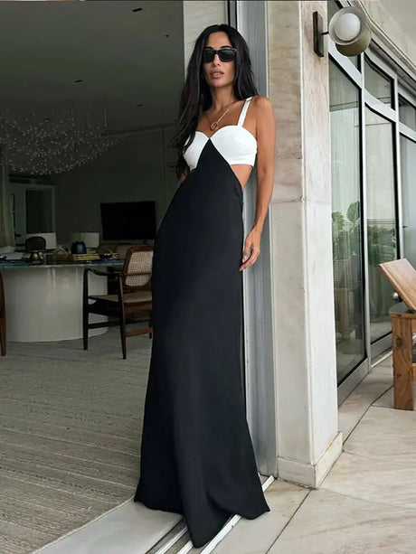 Fashion Black White Patchwork Long Dress Women Sexy Hollow Waist Slim Fits Party Robes Causal Vocation High Street Vestidos - Lootquake