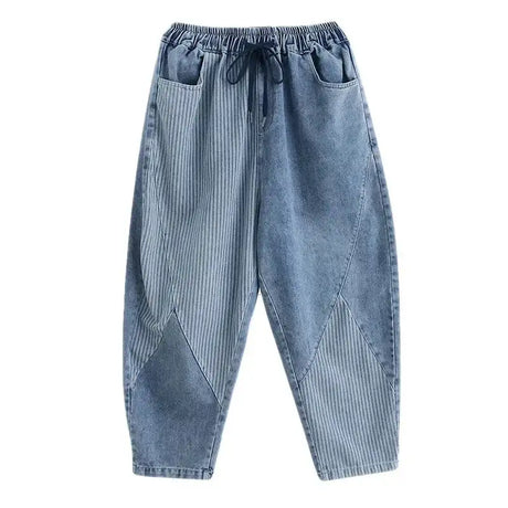 Jeans Women Spring Autumn New Stripe Splicing Large Size Drawstring Elastic Waist Thin Ladies Harlan Nine Points Pants Z468 - Lootquake