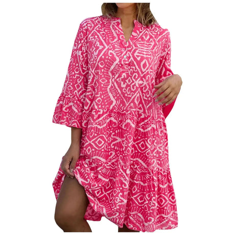 Women Floral Print Maxi Dress Fashion Casual V Neck Long Dress Plus Size Summer Boho Dress Ruffle Three Quarter Sleeves Dresses - Lootquake
