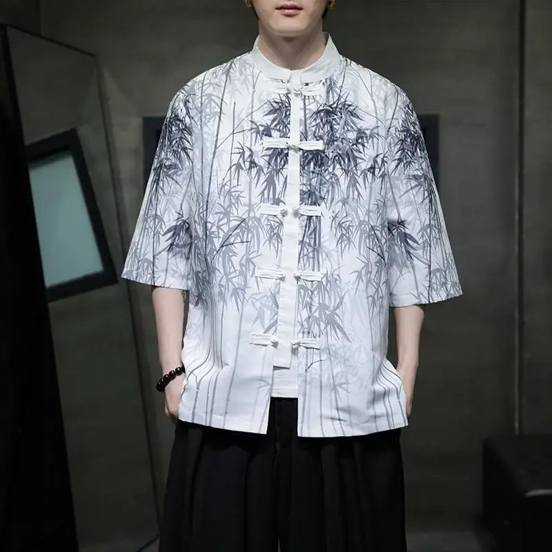 Men Chinese Style Hanfu Shirt Mens loose Tops Tang Suit Bamboo Printing Traditional Kung Fu Shirts Male Casual Shirts M-XXXXXL - Lootquake