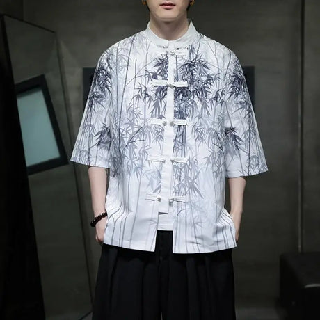 Men Chinese Style Hanfu Shirt Mens loose Tops Tang Suit Bamboo Printing Traditional Kung Fu Shirts Male Casual Shirts M-XXXXXL - Lootquake