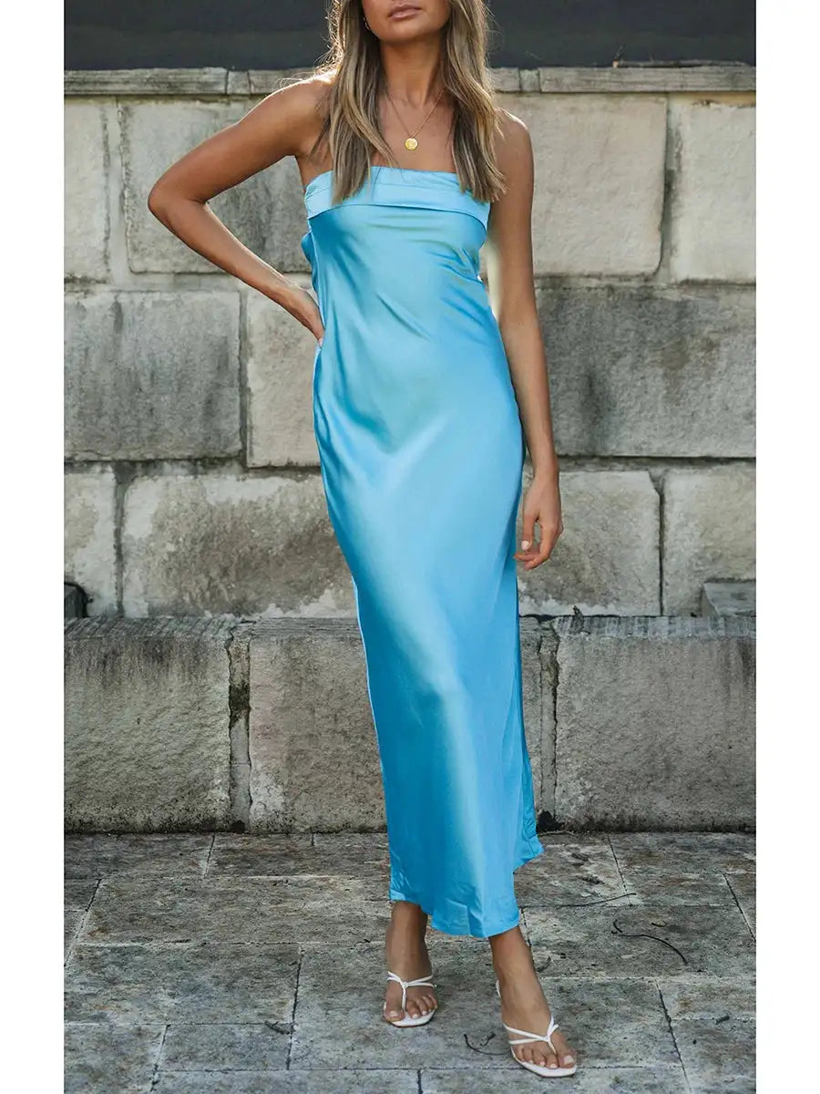 Women Summer Solid Color Party Strapless Dress Sleeveless Backless Elastic Strap Silk Surface Elegant Long Dress - Lootquake