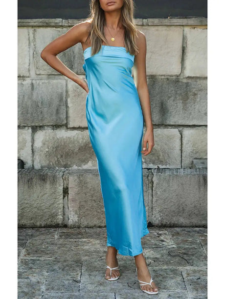 Women Summer Solid Color Party Strapless Dress Sleeveless Backless Elastic Strap Silk Surface Elegant Long Dress - Lootquake