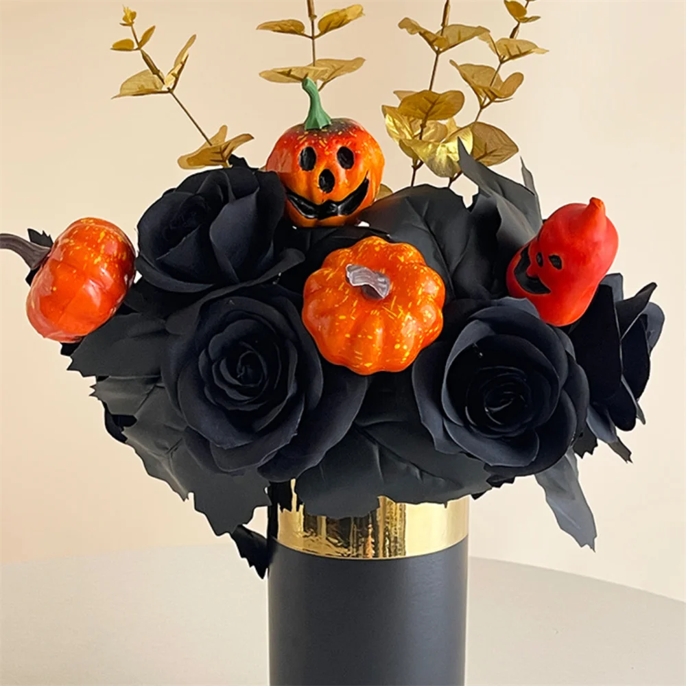 Halloween Decoration Artificial Flowers Bouquet With Pumpkins & Black Roses, Halloween Table Centerpiece For Dining Living Room