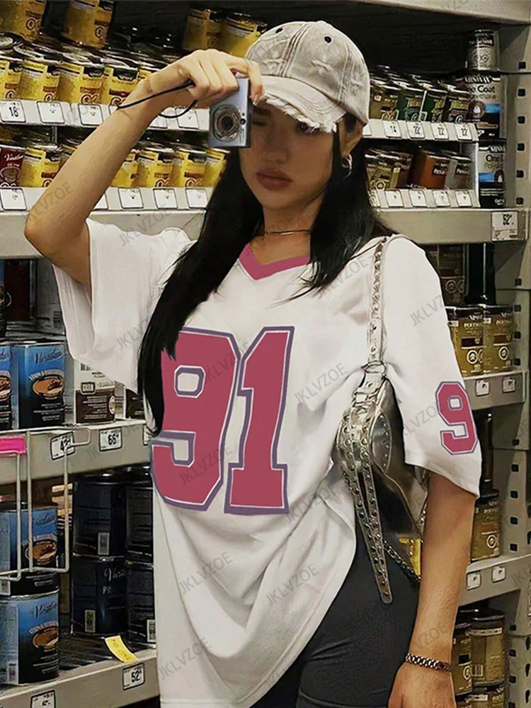 2025 Summer New Retro No.91 Printed T-Shirt For Women V-Neck Short Sleeve Sports Football Jersey Y2K Loose Oversized Tops