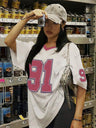 2025 Summer New Retro No.91 Printed T-Shirt For Women V-Neck Short Sleeve Sports Football Jersey Y2K Loose Oversized Tops