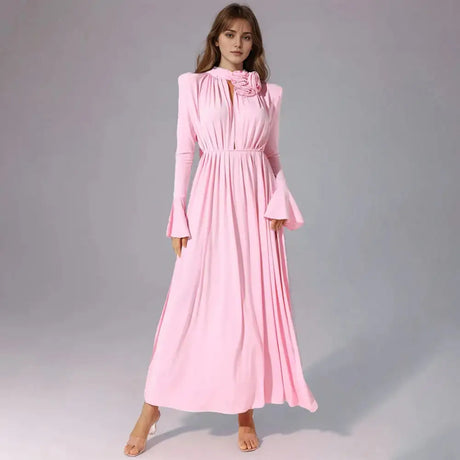 Solid Patchwork Appliques Dresses For Women Half High Collar Flare Sleeve High Waist Elegant Long Dress Female Fashion New - Lootquake